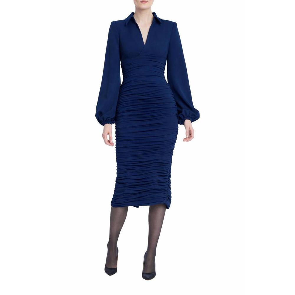 Badgley Mischka Navy Blue Long Sleeve Ruched Collared sz 4  Dress $595 Modest